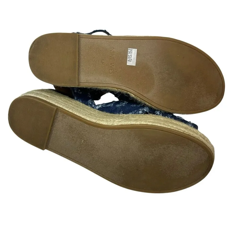 Nine West Espadrille Platform Sandals 6M Showrunner Denim Ankle Strap Open Toe